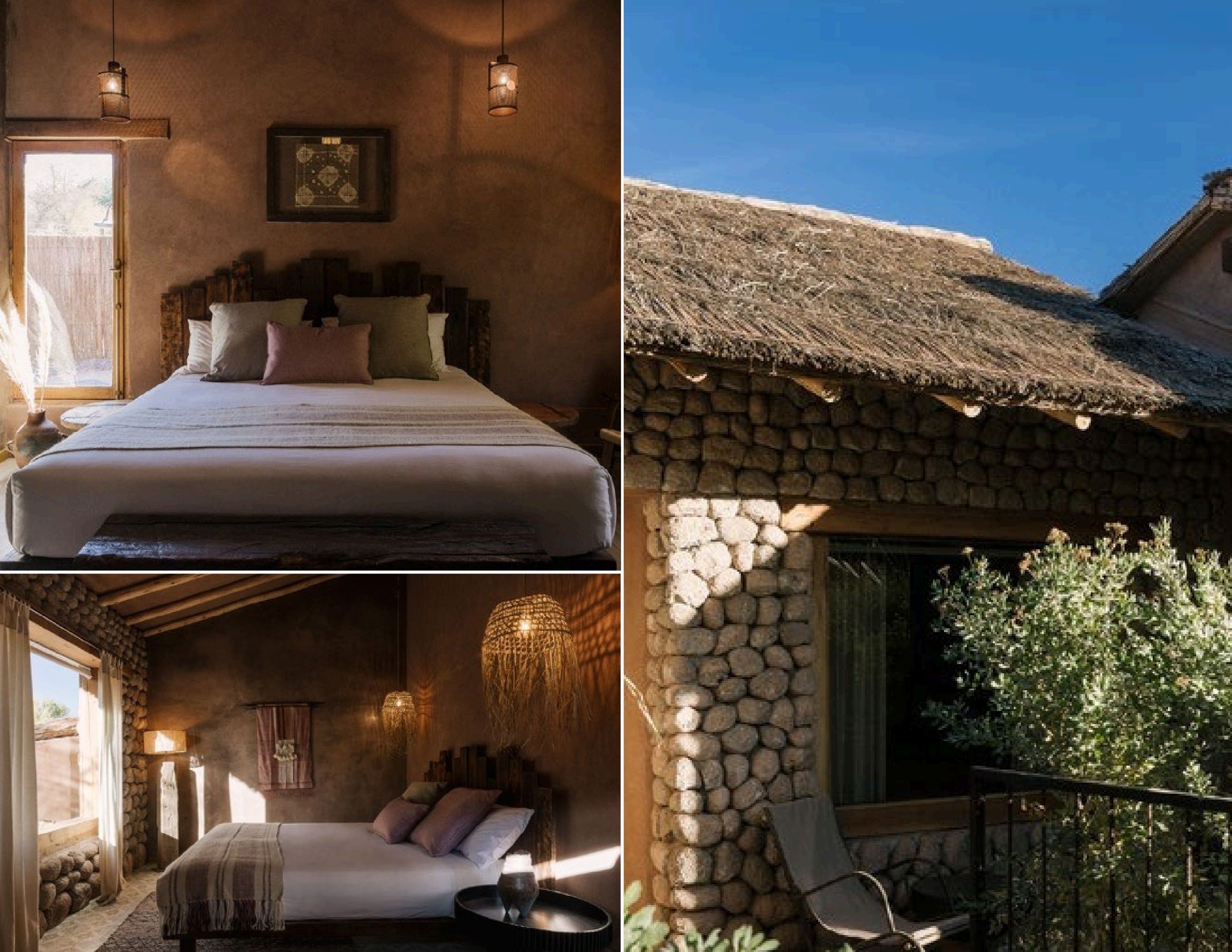Colagem com quarto e detalhes da suíte do hotel